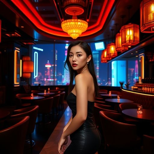 上海夜场内部，灯光迷人，模特与客人互动场景