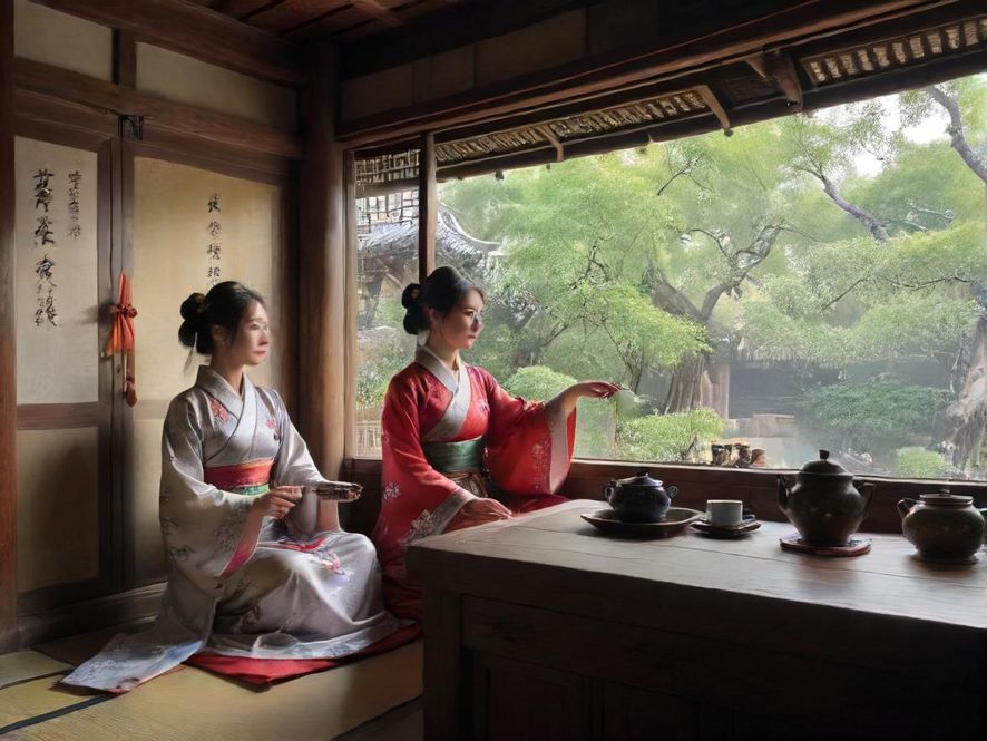 一间布置温馨、光线柔和的广州休闲茶馆包间,茶具摆放整齐,等待着客人。