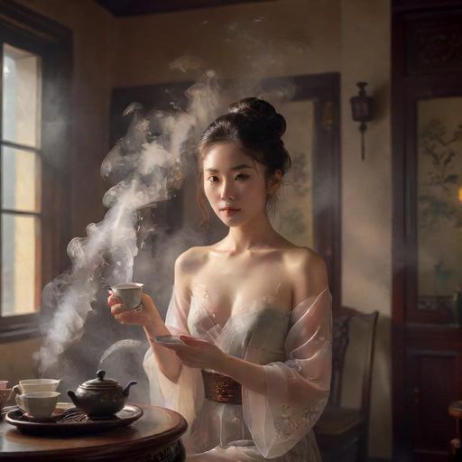 中式茶具蒸汽缭绕