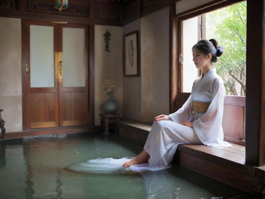 豪华水疗中心内的宽敞泳池区,光线柔和,环境宁静。