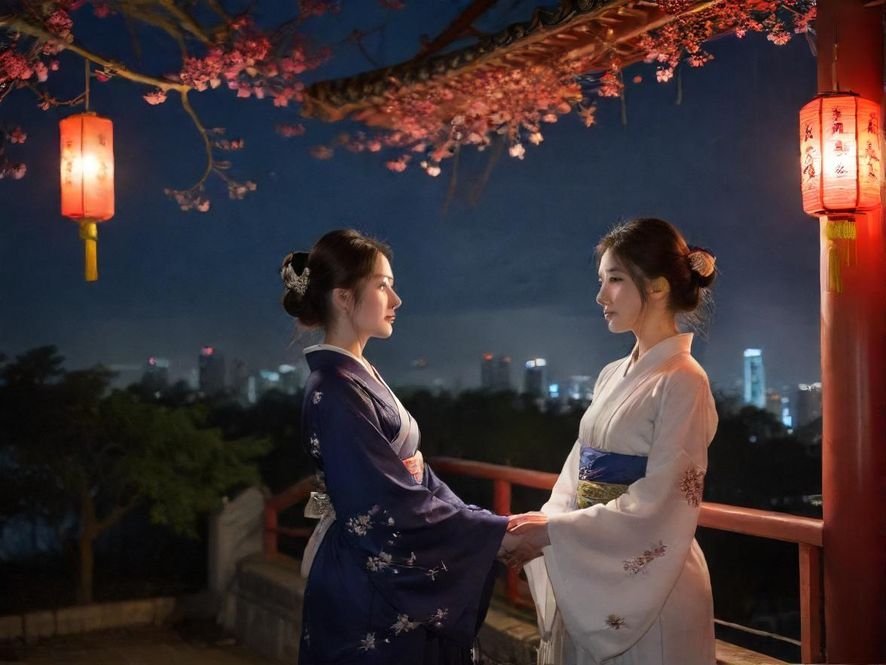 都市夜景，从高处俯瞰，呈现赛博朋克风格的城市天际线