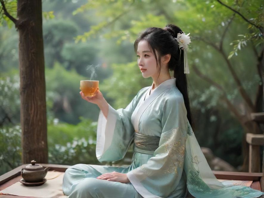 一条光线昏暗的巷子里,尽头处隐约可见一个古朴的茶馆入口,门前挂着一盏红灯笼,整体氛围神秘而引人入胜。