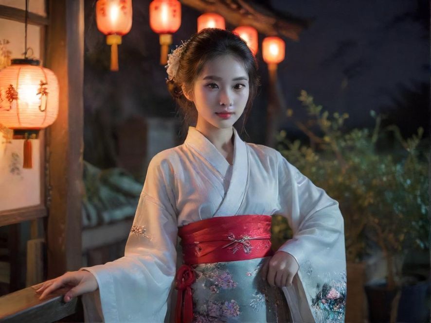 一位身着传统优雅服装的女性,在充满现代感的城市夜景背景下,手持茶具,暗示高端品茶外卖服务