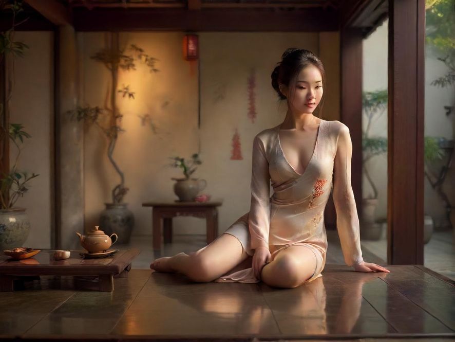 一间布置雅致的私人会所茶艺空间，暖色灯光下，茶具摆放整齐，营造出宁静放松的氛围。