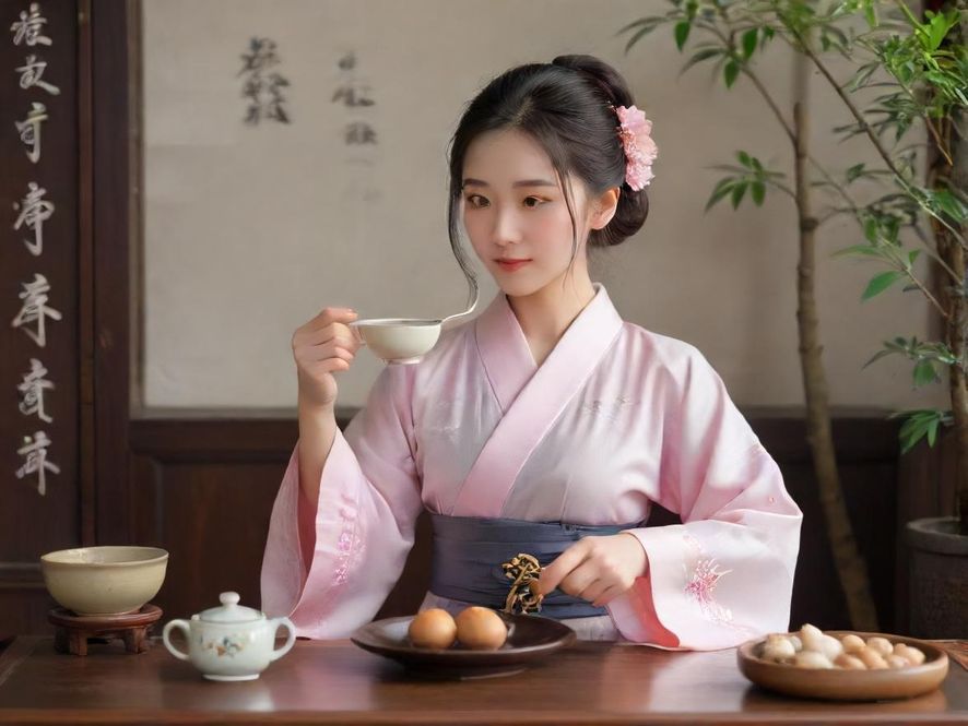 一位优雅的广东熟女,在温馨私密的会所里,与人品茶聊天,笑容温暖而知性。