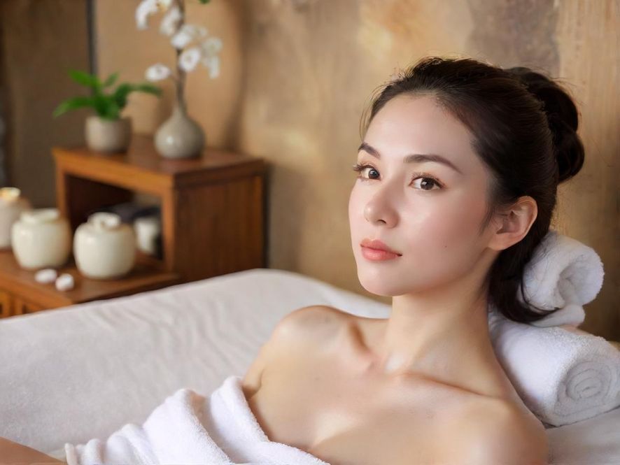 一位疲惫的白领女性在柔和光线的SPA环境中闭目养神,侧身特写展示了她放松享受的瞬间。