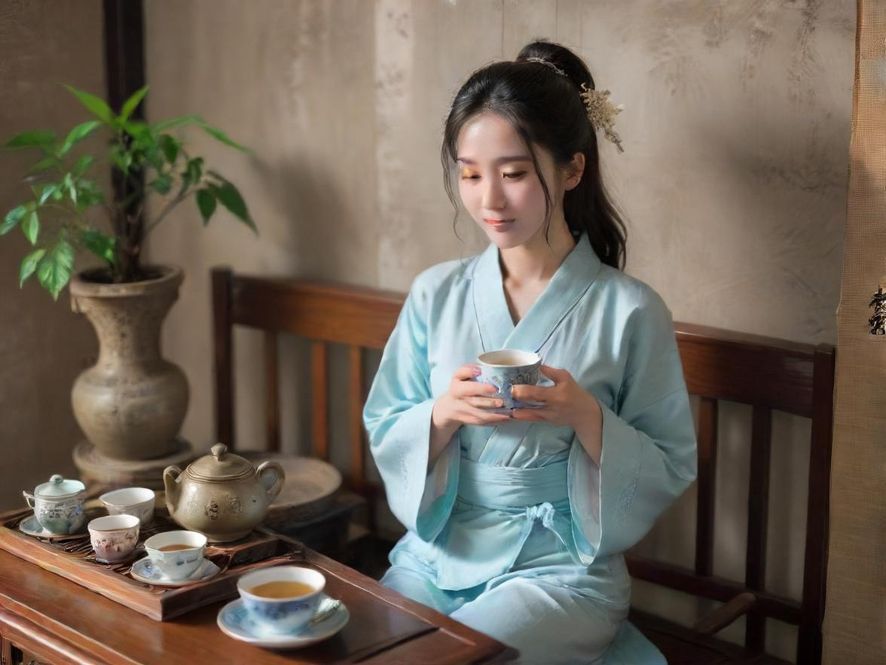 一位身着雅致服装的女士在随州高端茶室中,侧身回眸,眼神温柔,背景是精美的茶具和充满艺术气息的装饰,营造出静谧而富有情调的氛围。