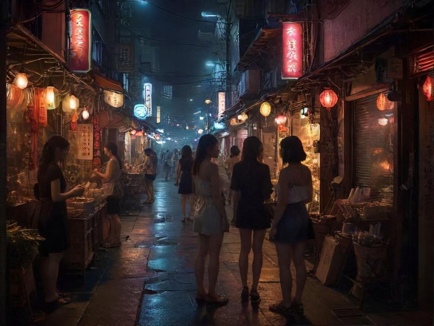 城市夜色中,一条灯火通明的隐秘巷弄,人影绰绰,充满神秘与诱惑。