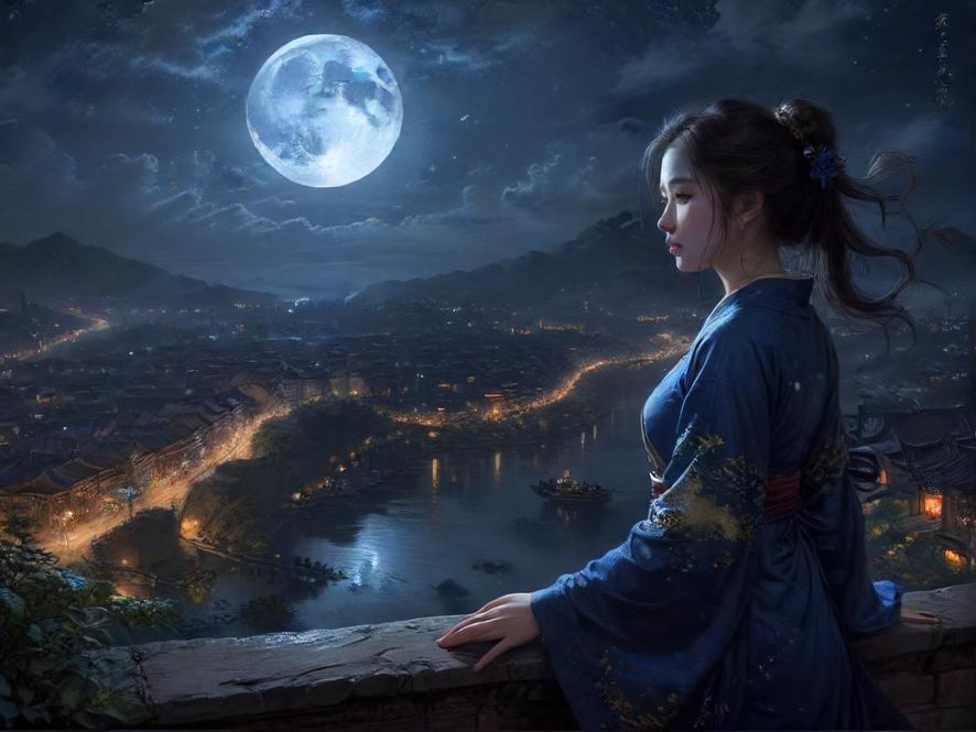 一位年轻女性在深圳夜晚的城市阳台上,手持一杯饮品,静静地俯瞰着灯火辉煌的城市夜景,营造出一种宁静而浪漫的现代都市氛围。