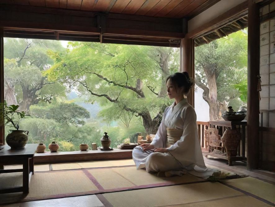 深圳高端品茶工作室的雅致内部，一位女士在柔和灯光下品茗，窗外是朦胧的城市夜景