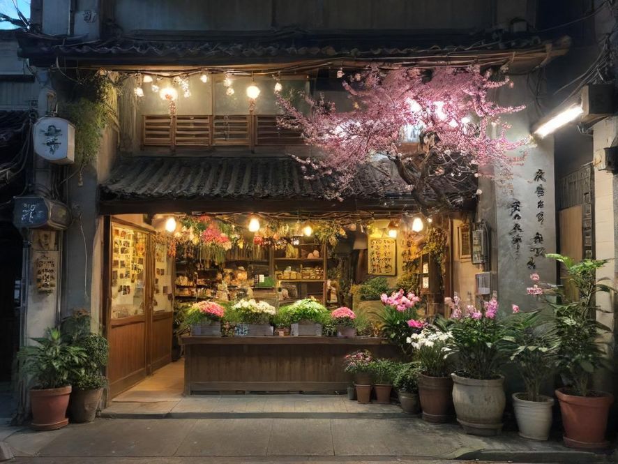广州花艺店内精致的花艺作品,俯视构图,温馨氛围,室内背景