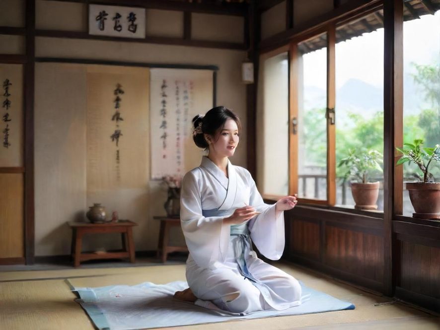 一位气质优雅的都市女性在温馨雅致的茶室中享受下午茶,阳光透过窗户洒在她身上,营造出宁静而美好的氛围。