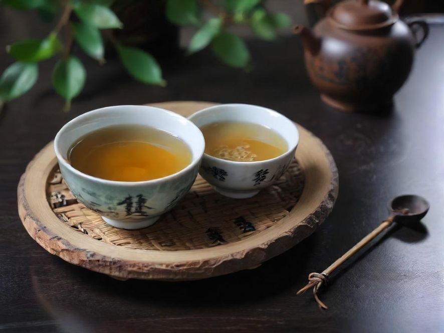 雅致私密的茶室一角,摆放着精致的茶点和茶具,光线柔和,氛围温馨