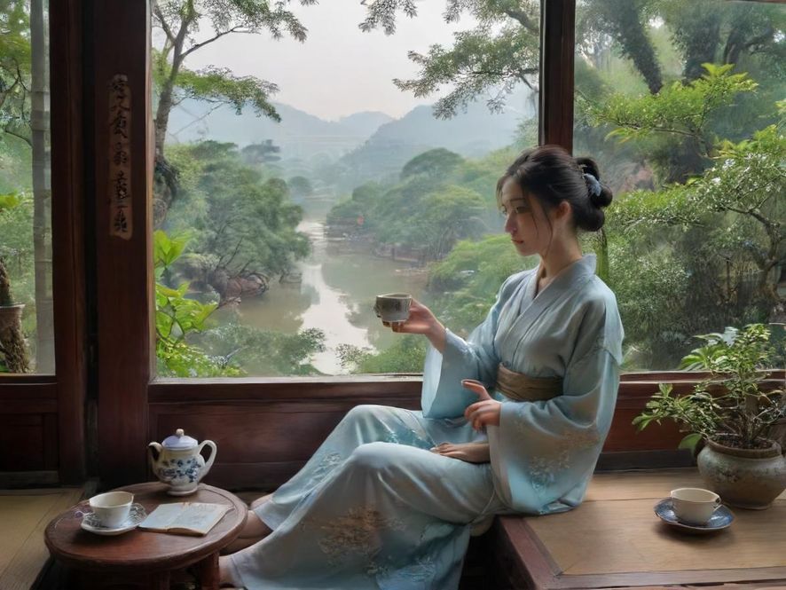 一位女士在温馨雅致的茶室中,轻啜香茗,享受片刻宁静与惬意