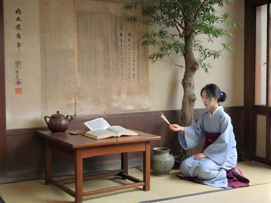 一个充满东方韵味的私密茶室，柔和的灯光映照在精致的茶具和花艺上，营造出宁静舒适的氛围。