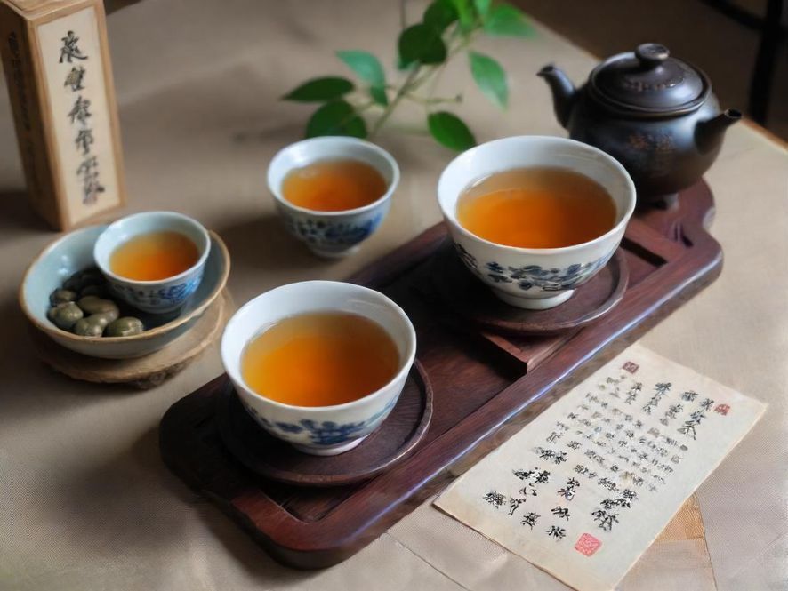 一套精美的中式茶具在禅意茶席上,俯视角度展现其传统韵味和细致工艺