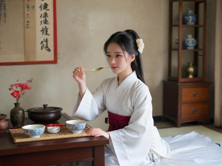 一位东方美女在奢华茶室中侧身回眸,眼神温柔